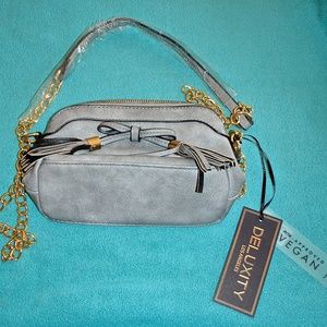 Deluxity Los Angeles small grey vegan shoulder bag tassel accent, gold chain~new